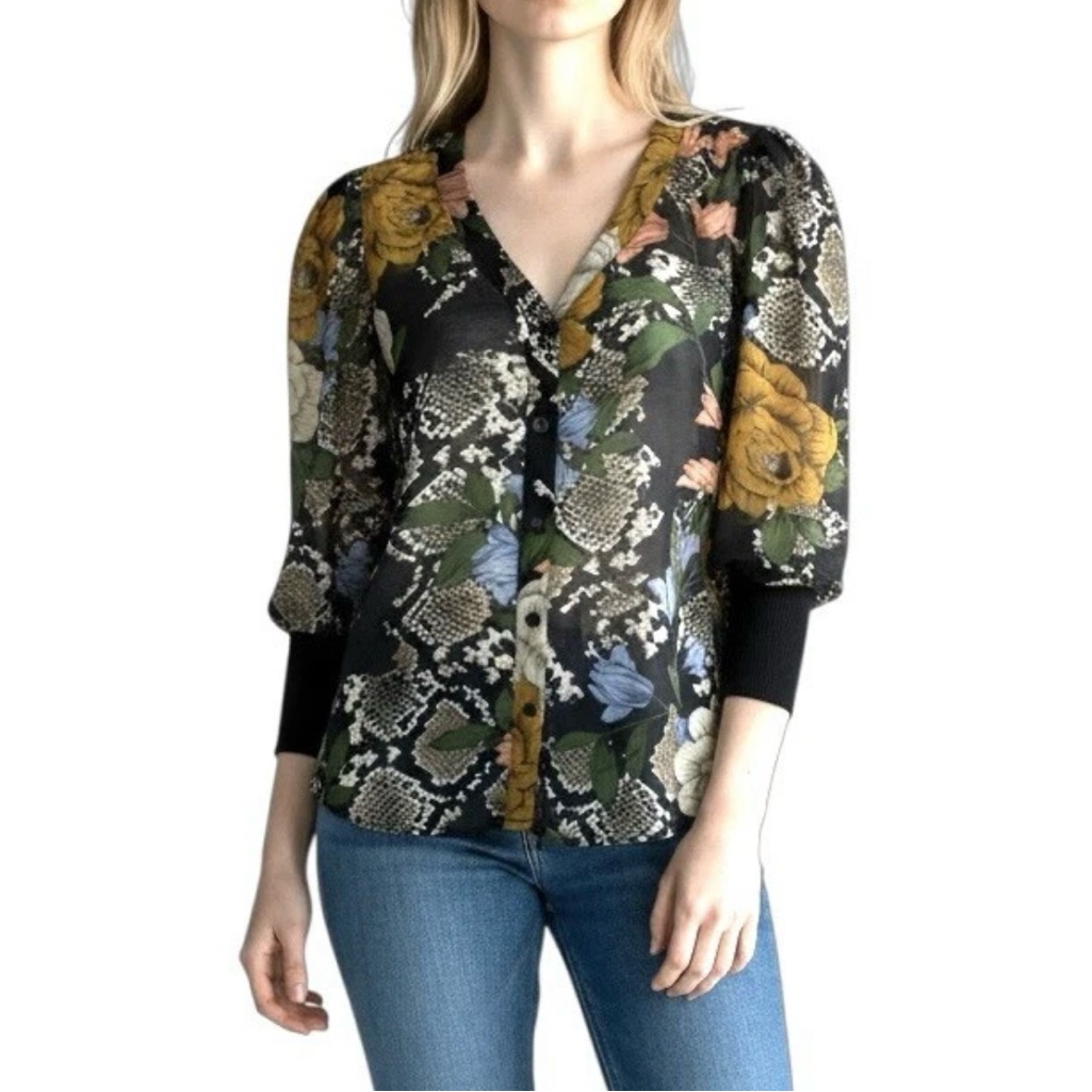 Cabi 3762 Women’s M Black Floral Snake Sheer Blouse Dark Romance Art Maximalist